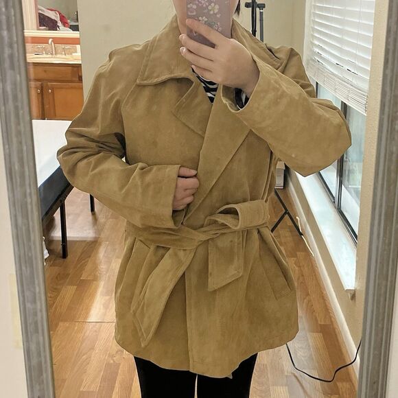 Jackets & Blazers - Margaret Godfrey Suede Leather Jacket Belt Sz M Brown Button Up Western Cowgirl